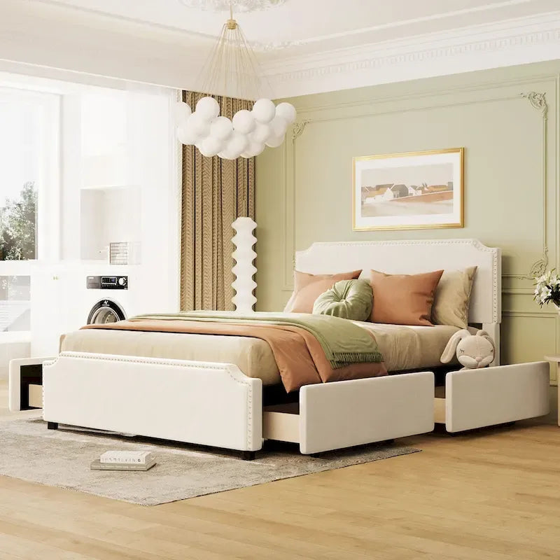 Upholstered Platform Bed with Stud Trim Headboard and Footboard and 4 Drawers