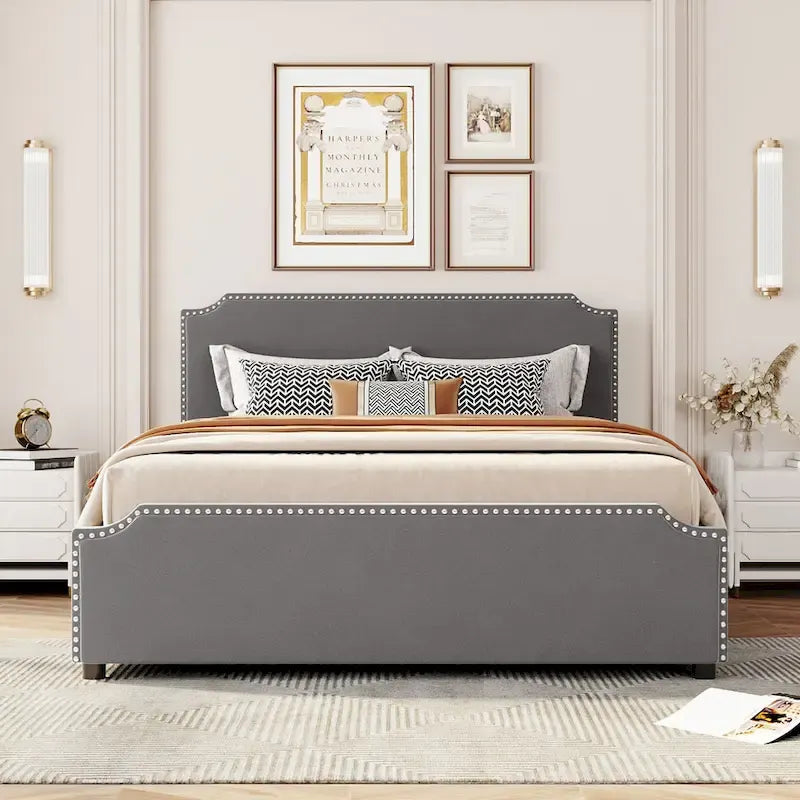 Upholstered Platform Bed with Stud Trim Headboard and Footboard and 4 Drawers