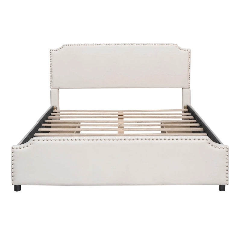 Upholstered Platform Bed with Stud Trim Headboard and Footboard and 4 Drawers