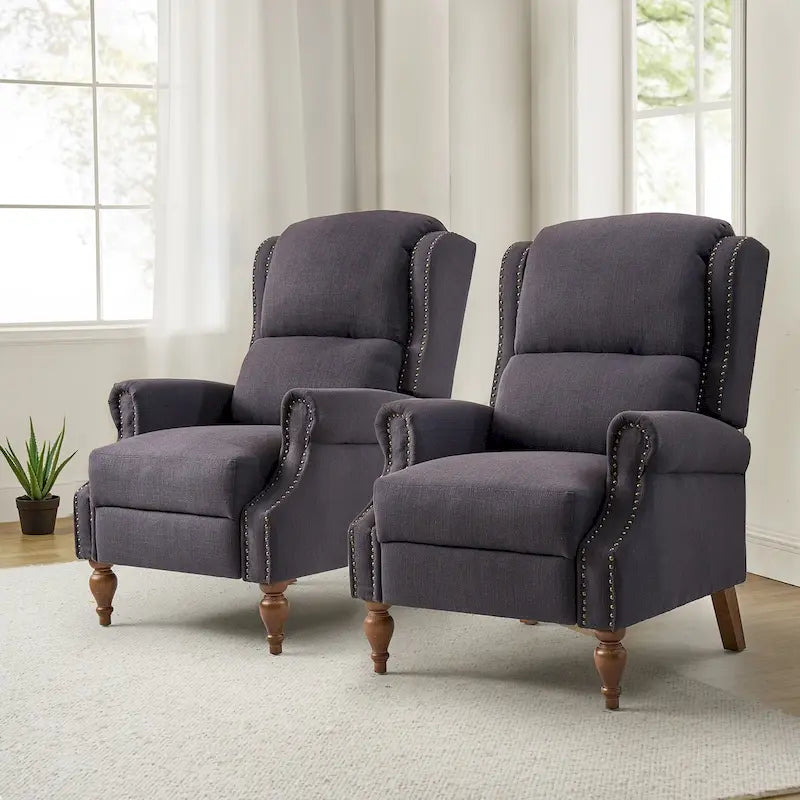 Traditional Roll Arm Manual Recliner with Solid Wood Legs Set of 2