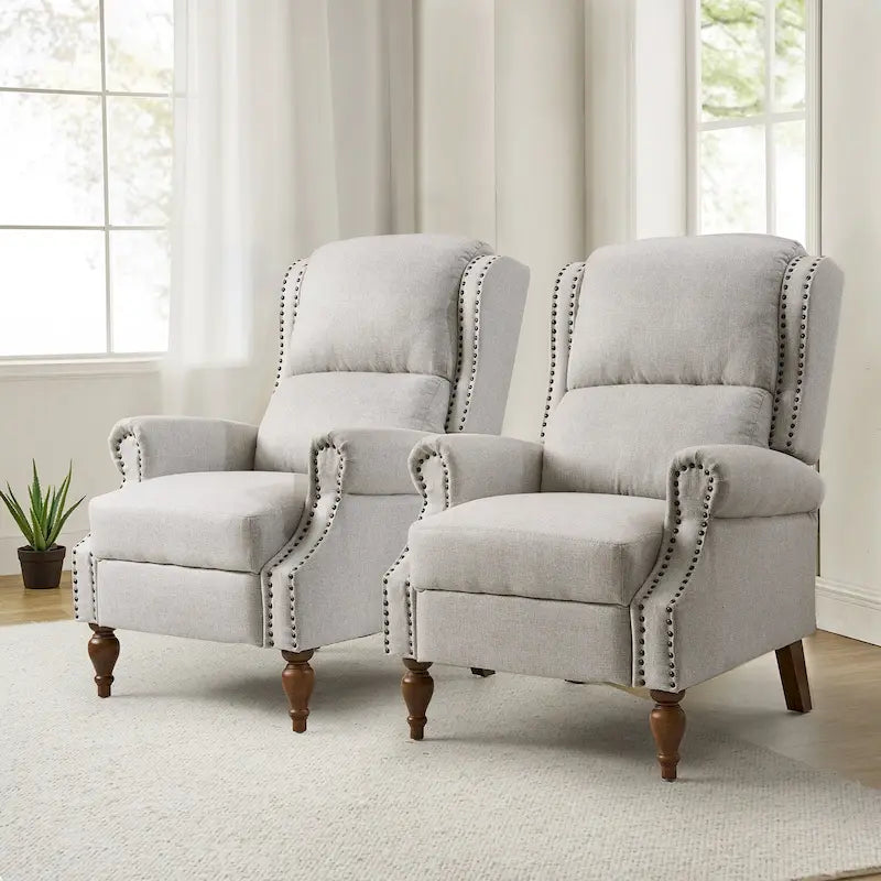 Traditional Roll Arm Manual Recliner with Solid Wood Legs Set of 2