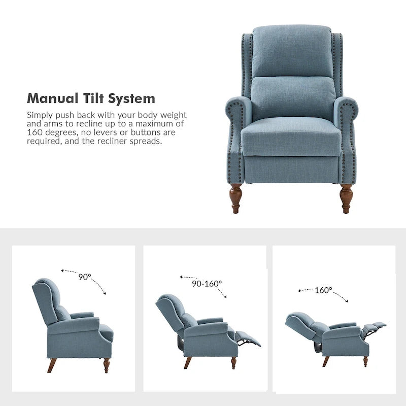 Traditional Roll Arm Manual Recliner with Solid Wood Legs Set of 2