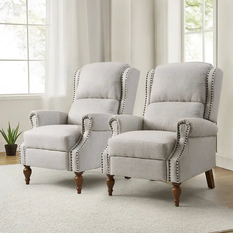 Traditional Roll Arm Manual Recliner with Solid Wood Legs Set of 2