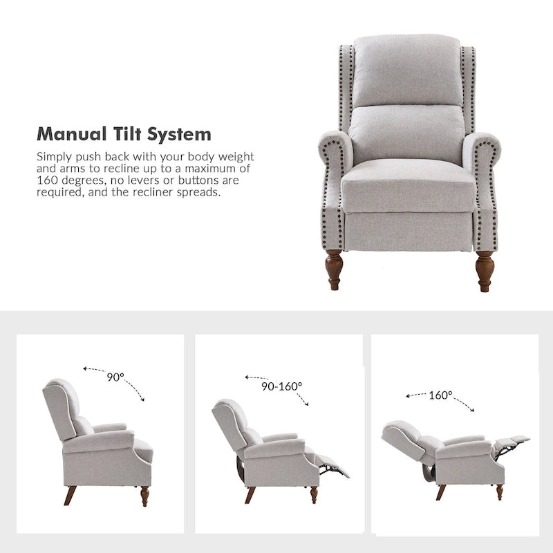 Traditional Roll Arm Manual Recliner with Solid Wood Legs Set of 2