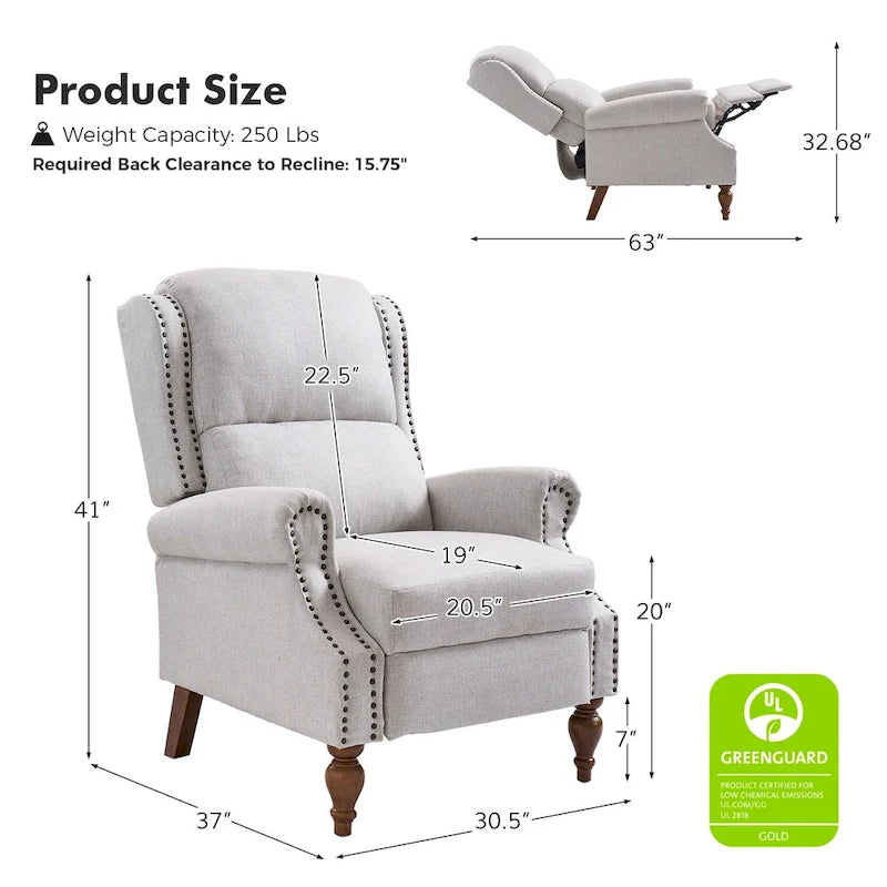 Traditional Roll Arm Manual Recliner with Solid Wood Legs Set of 2