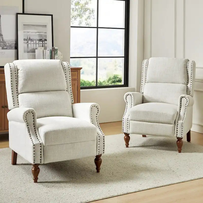 Traditional Roll Arm Manual Recliner with Solid Wood Legs Set of 2