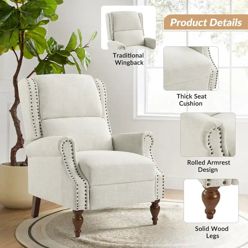 Traditional Roll Arm Manual Recliner with Solid Wood Legs Set of 2