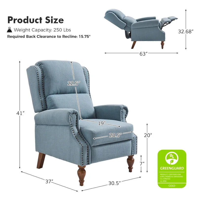 Traditional Roll Arm Manual Recliner with Solid Wood Legs Set of 2