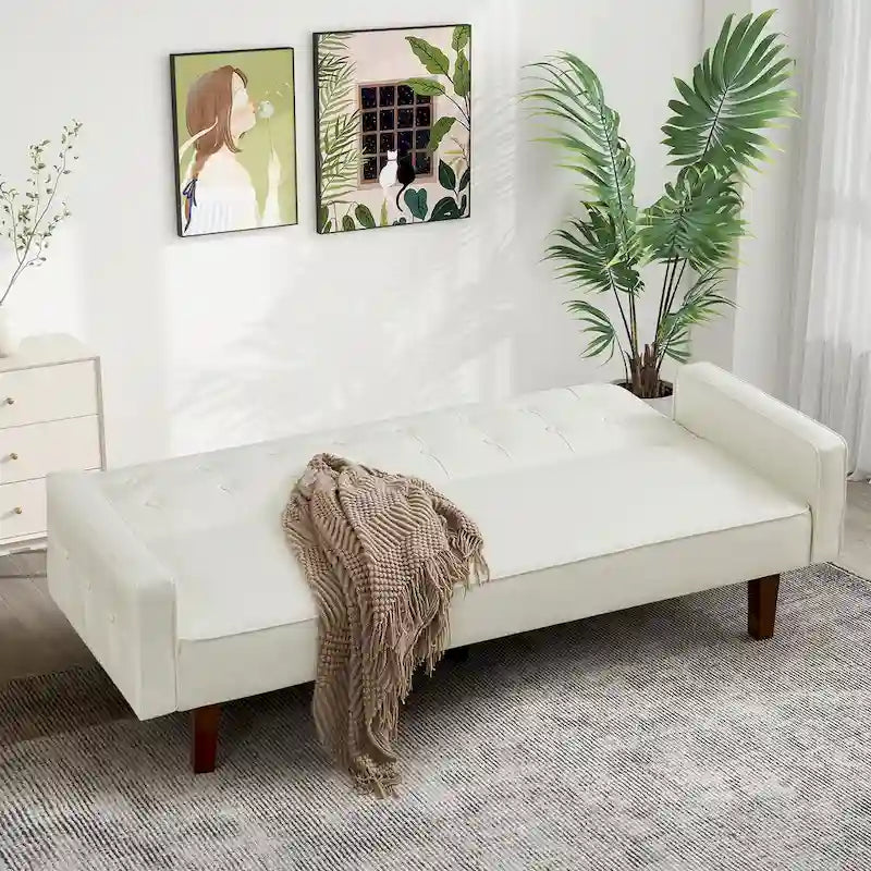 74.4 L Faux Leather Full Handcrafted Button Tufted Sofa 3-Seat, Convertible Sleeper Couch Adjustable Backrest