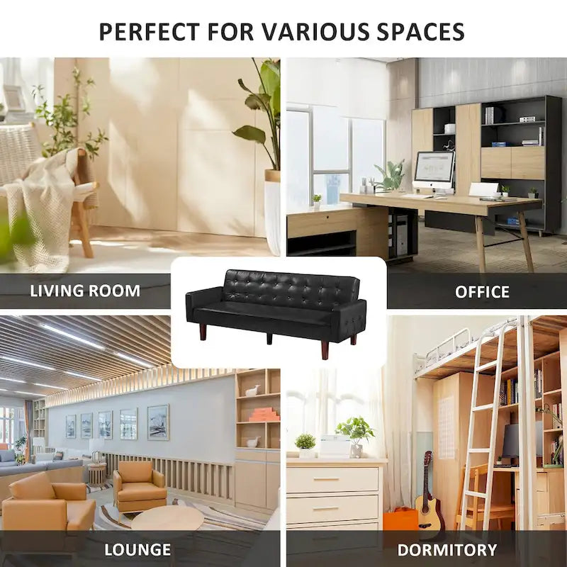 74.4 L Faux Leather Full Handcrafted Button Tufted Sofa 3-Seat, Convertible Sleeper Couch Adjustable Backrest