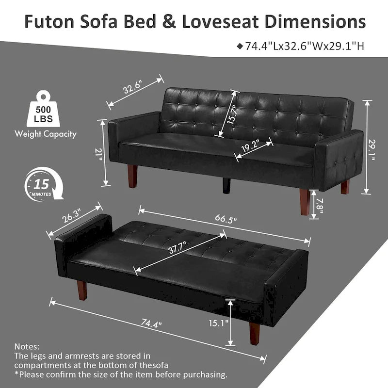 74.4 L Faux Leather Full Handcrafted Button Tufted Sofa 3-Seat, Convertible Sleeper Couch Adjustable Backrest