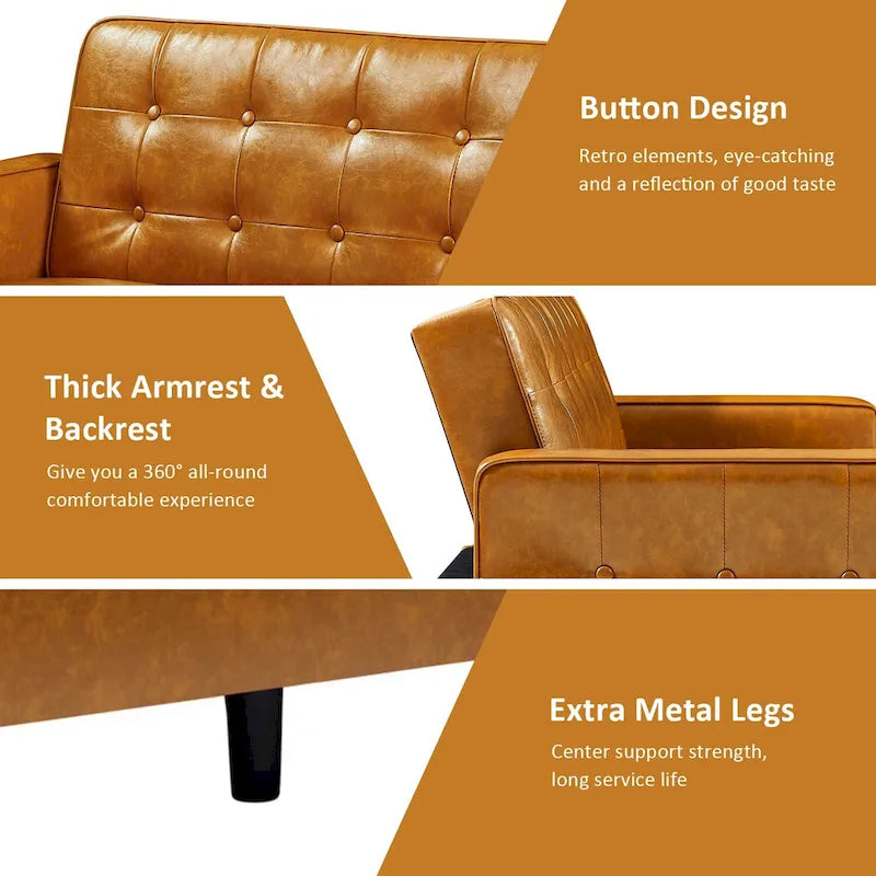 74.4 L Faux Leather Full Handcrafted Button Tufted Sofa 3-Seat, Convertible Sleeper Couch Adjustable Backrest