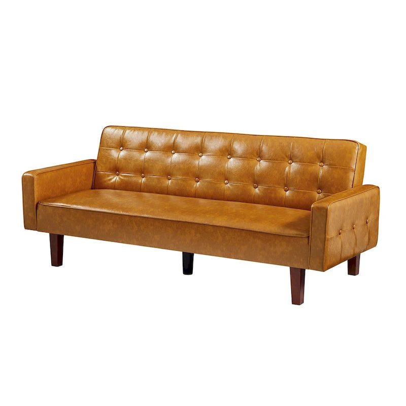 74.4 L Faux Leather Full Handcrafted Button Tufted Sofa 3-Seat, Convertible Sleeper Couch Adjustable Backrest