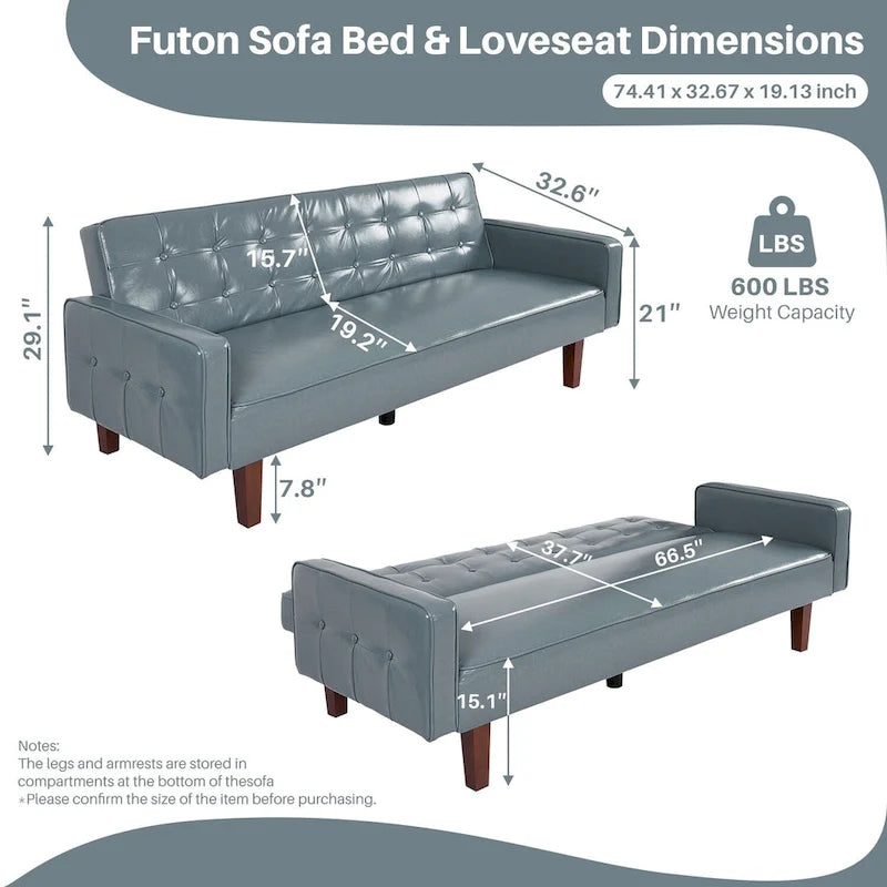 74.4 L Faux Leather Full Handcrafted Button Tufted Sofa 3-Seat, Convertible Sleeper Couch Adjustable Backrest