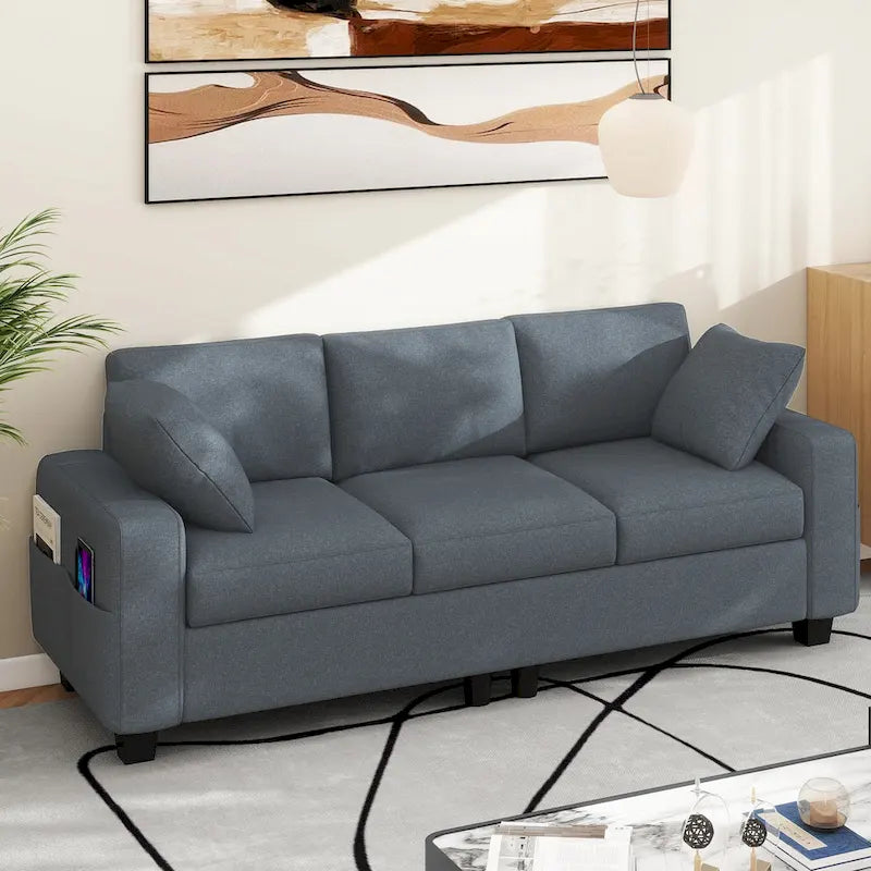 Moasis 80 3-seater Upholstered Sofa 2 Pillows Couches with Side Pockets for Living Room