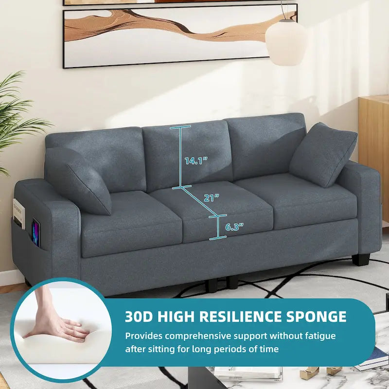 Moasis 80 3-seater Upholstered Sofa 2 Pillows Couches with Side Pockets for Living Room