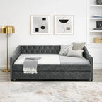 Full Size Daybed with Twin Size Trundle Upholstered Tufted Sofa Bed, with Button on Back and Copper Nail on Waved Shape Arms