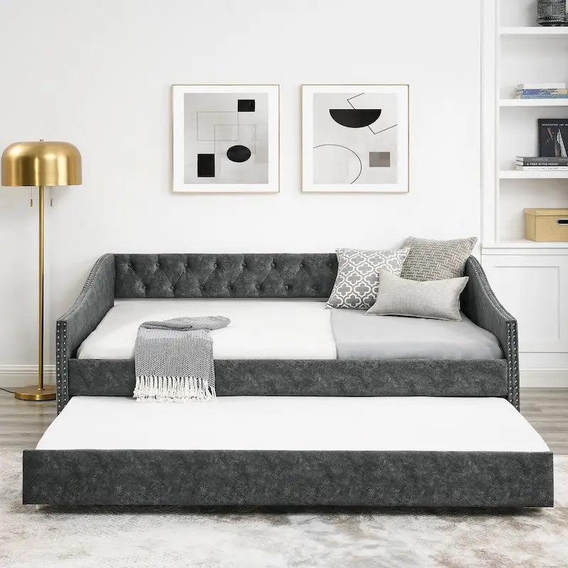 Full Size Daybed with Twin Size Trundle Upholstered Tufted Sofa Bed, with Button on Back and Copper Nail on Waved Shape Arms