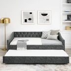 Full Size Daybed with Twin Size Trundle Upholstered Tufted Sofa Bed, with Button on Back and Copper Nail on Waved Shape Arms
