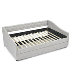 Full Size Daybed with Twin Size Trundle Upholstered Tufted Sofa Bed, with Button on Back and Copper Nail on Waved Shape Arms