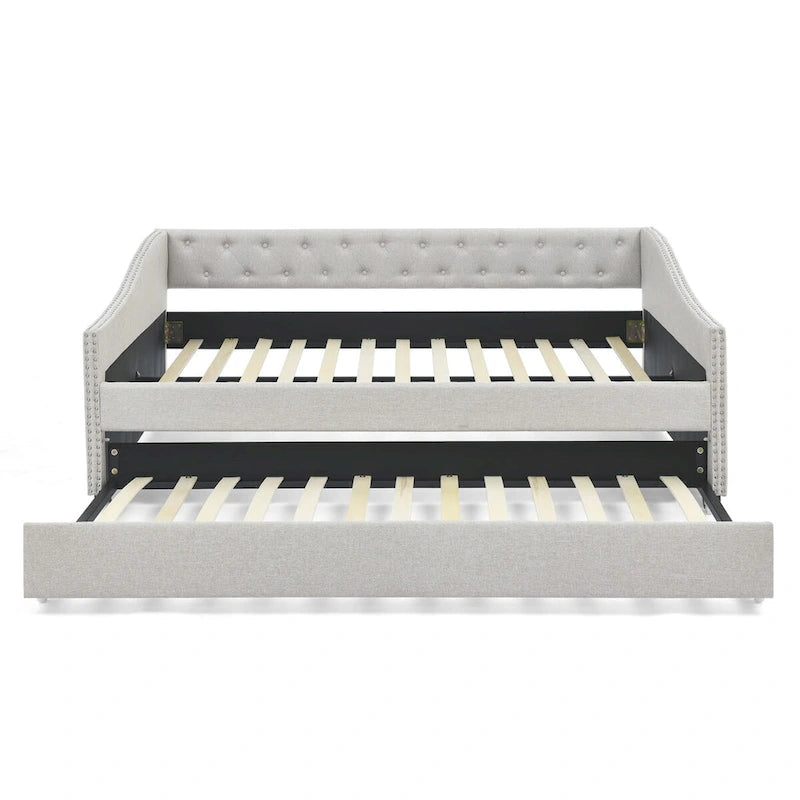 Full Size Daybed with Twin Size Trundle Upholstered Tufted Sofa Bed, with Button on Back and Copper Nail on Waved Shape Arms