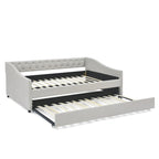 Full Size Daybed with Twin Size Trundle Upholstered Tufted Sofa Bed, with Button on Back and Copper Nail on Waved Shape Arms