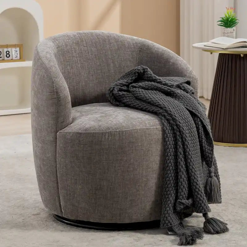 Chenille Fabric Swivel Accent Armchair Barrel Chair With Black Powder Coating Metal Ring