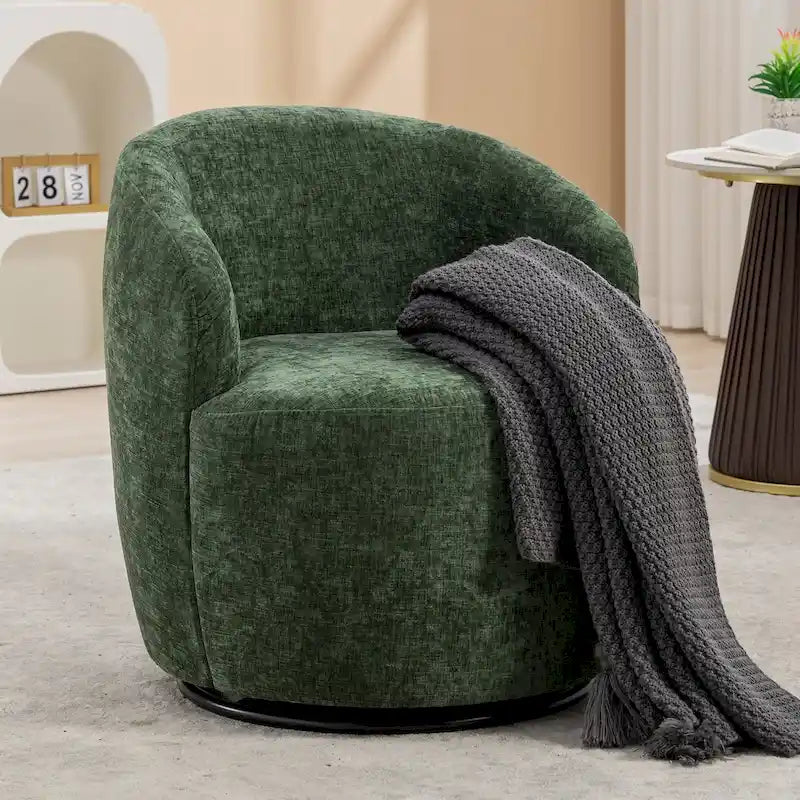 Chenille Fabric Swivel Accent Armchair Barrel Chair With Black Powder Coating Metal Ring