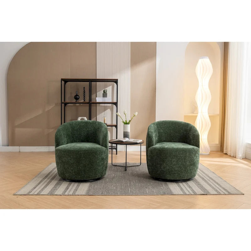 Chenille Fabric Swivel Accent Armchair Barrel Chair With Black Powder Coating Metal Ring