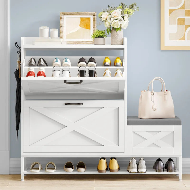 Farmhouse Shoe Storage Cabinet with Shoe Bench Entryway Shoe Storage with 2 Flip Drawers for 16 Pairs - 9.4W x 47.1L x 41.3H