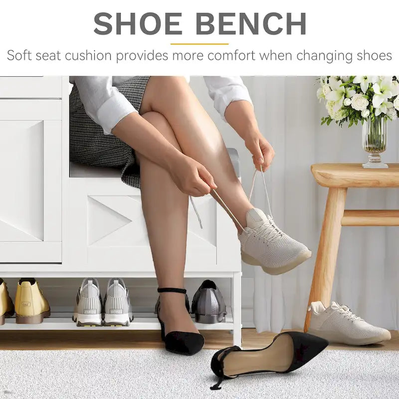 Farmhouse Shoe Storage Cabinet with Shoe Bench Entryway Shoe Storage with 2 Flip Drawers for 16 Pairs - 9.4W x 47.1L x 41.3H