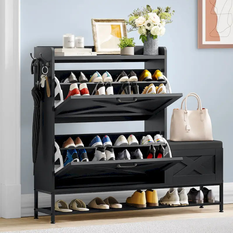 Farmhouse Shoe Storage Cabinet with Shoe Bench Entryway Shoe Storage with 2 Flip Drawers for 16 Pairs - 9.4W x 47.1L x 41.3H