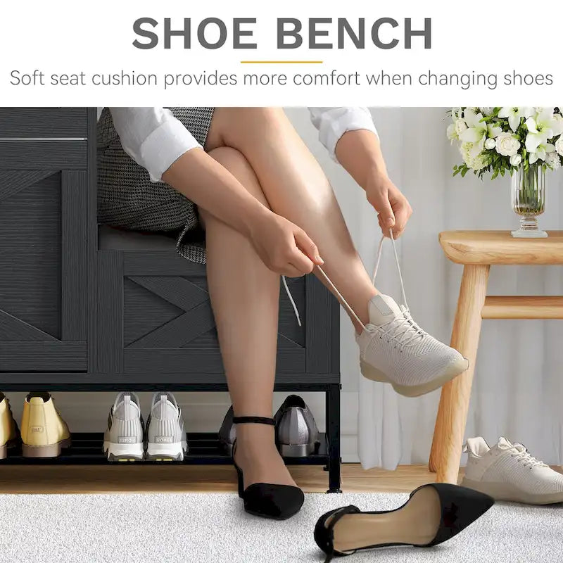 Farmhouse Shoe Storage Cabinet with Shoe Bench Entryway Shoe Storage with 2 Flip Drawers for 16 Pairs - 9.4W x 47.1L x 41.3H