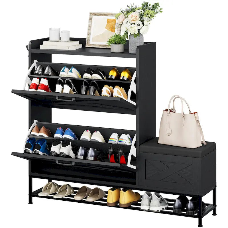 Farmhouse Shoe Storage Cabinet with Shoe Bench Entryway Shoe Storage with 2 Flip Drawers for 16 Pairs - 9.4W x 47.1L x 41.3H