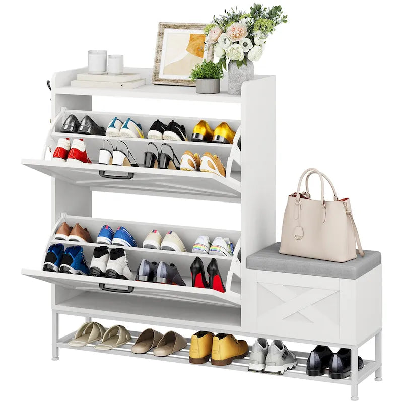 Farmhouse Shoe Storage Cabinet with Shoe Bench Entryway Shoe Storage with 2 Flip Drawers for 16 Pairs - 9.4W x 47.1L x 41.3H