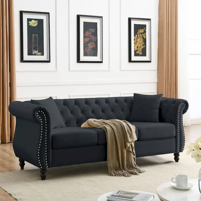 3-Seater Chesterfield Upholstered Tufted Sofa with Rolled Arms and Nailhead