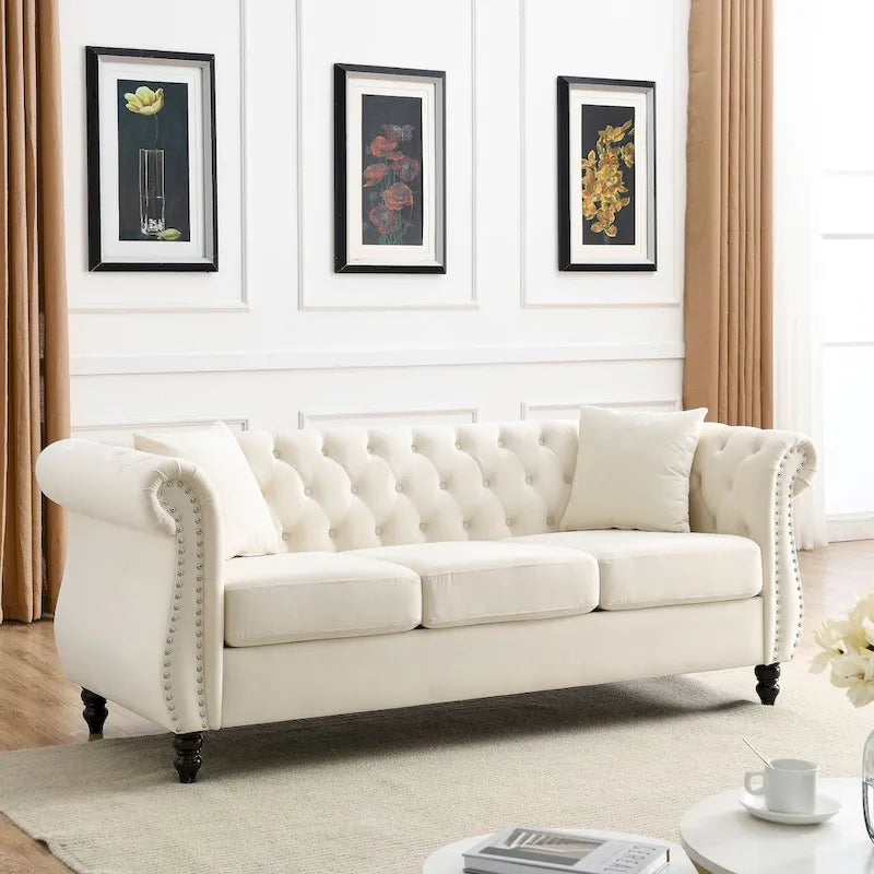 3-Seater Chesterfield Upholstered Tufted Sofa with Rolled Arms and Nailhead