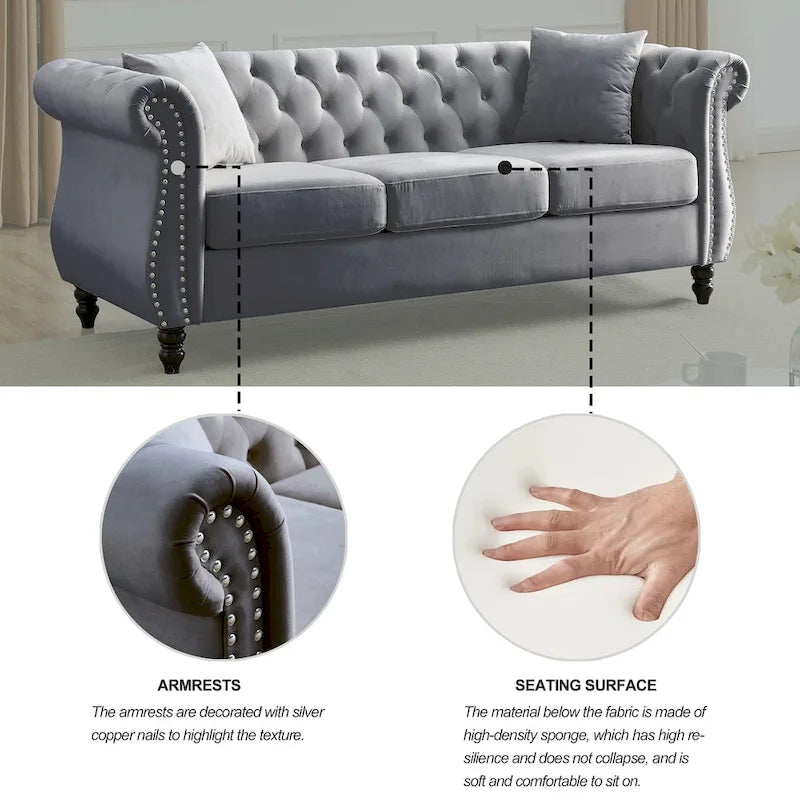 3-Seater Chesterfield Upholstered Tufted Sofa with Rolled Arms and Nailhead