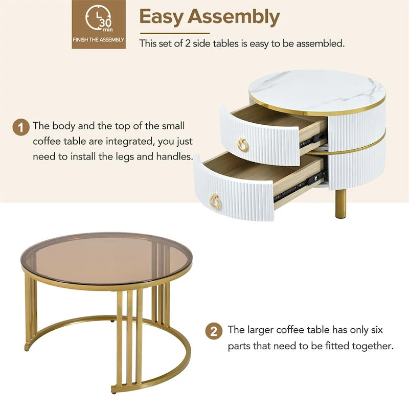 Stackable Coffee Table,Nesting Tables with Brown Tempered Glass,2 PCS