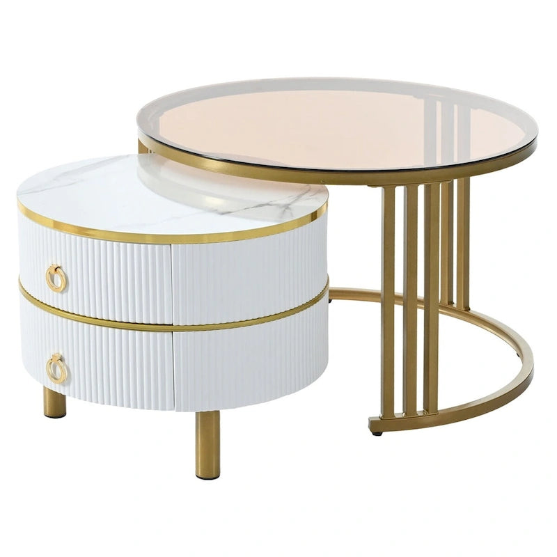 Stackable Coffee Table,Nesting Tables with Brown Tempered Glass,2 PCS