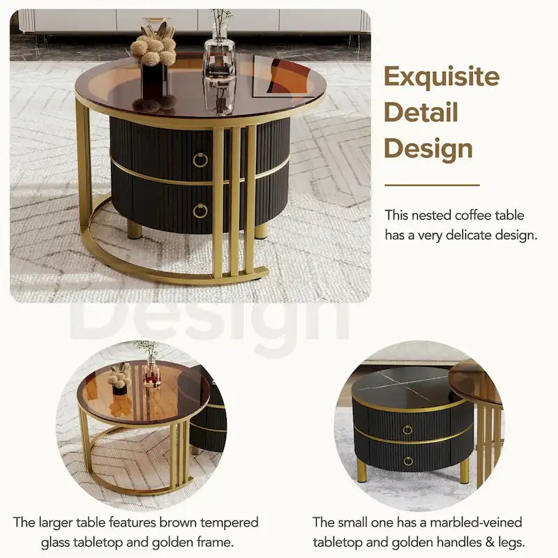 Stackable Coffee Table,Nesting Tables with Brown Tempered Glass,2 PCS