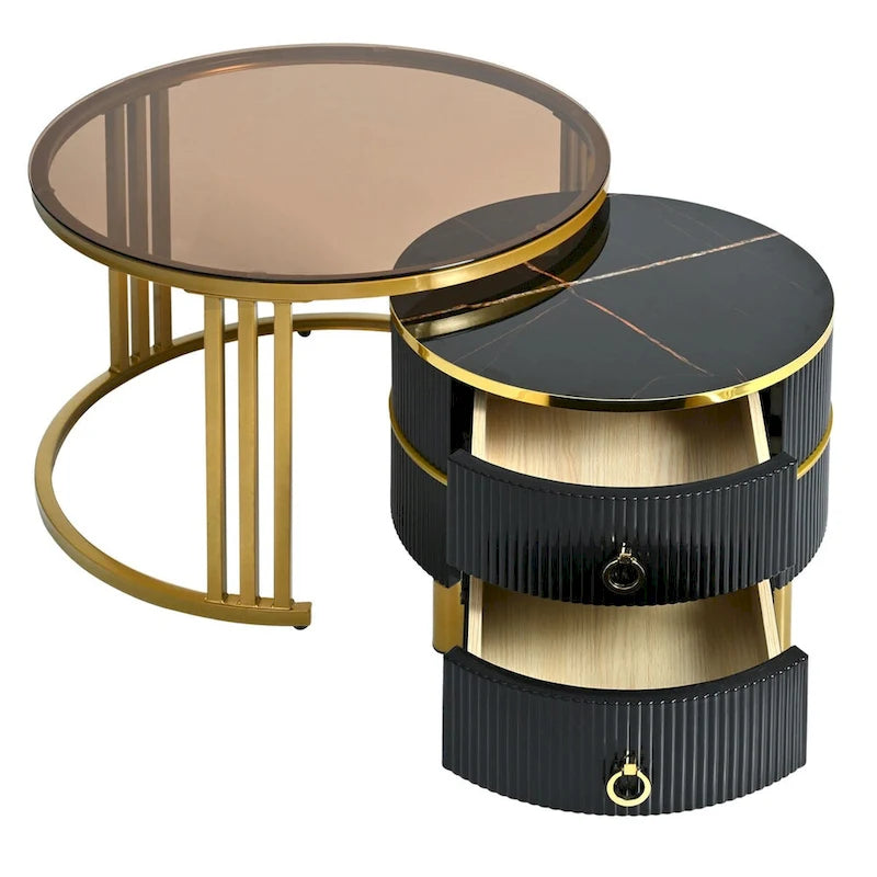 Stackable Coffee Table,Nesting Tables with Brown Tempered Glass,2 PCS
