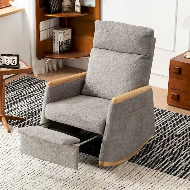 Accent Rocking Chair with Footrest High Back Rubber Wood Rocking Legs Bedroom Living Space