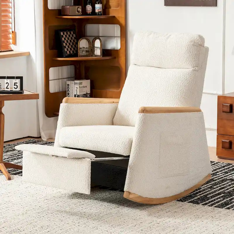 Accent Rocking Chair with Footrest High Back Rubber Wood Rocking Legs Bedroom Living Space