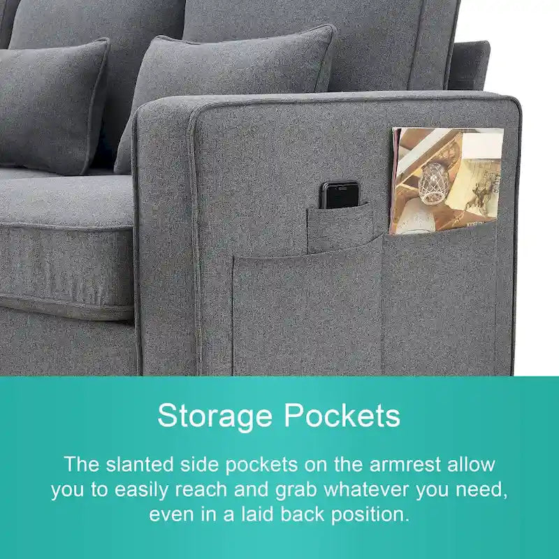 104 4-Seater Modern Linen Fabric Sofa with Armrest Pockets and 4 Pillows