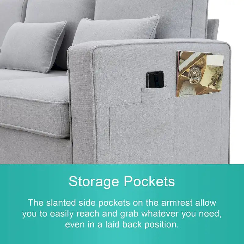 104 4-Seater Modern Linen Fabric Sofa with Armrest Pockets and 4 Pillows