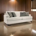 Tren 96 Inch Sofa with 4 Jacquard Pillows, Soft Beige Chenille Polyester