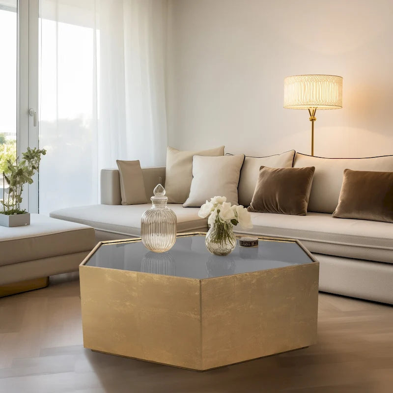 Glam Modern Wood Gold Hexagon Glass Top Coffee Table - 48 x 42 x 16