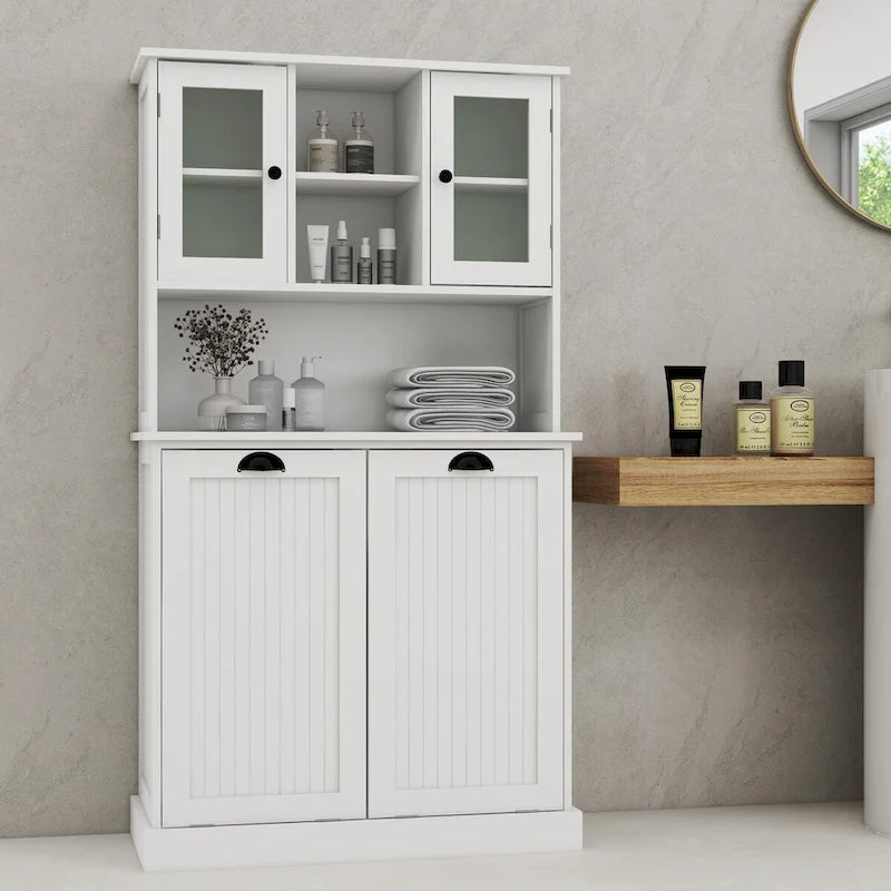 White 60 in. H Storage Cabinet, Two-Compartment Tilt-Out Dirty Laundry Basket Tall Bathroom Cabinet with 2 Adjustable Shelves