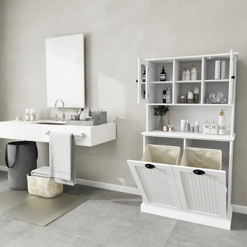 White 60 in. H Storage Cabinet, Two-Compartment Tilt-Out Dirty Laundry Basket Tall Bathroom Cabinet with 2 Adjustable Shelves